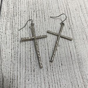 Silver Cross Sparkly Dangle Earrings